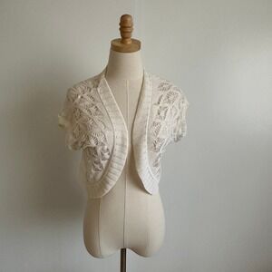 Becky Open Knit Cropped Bolero Shrug Cardigan Top XL Short Sleeve Cream
